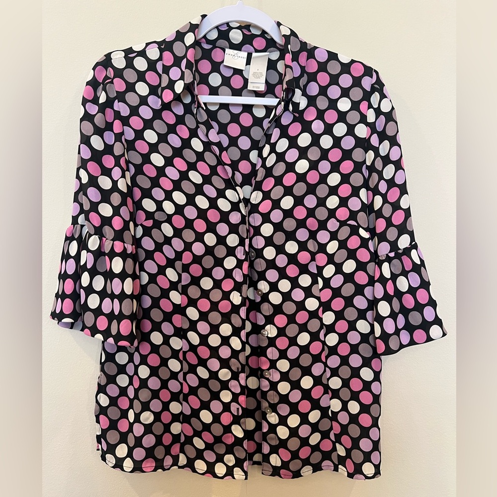 Emma James‎ blouse button down women’s S polka dot top colorful business casual